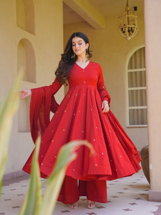 Festive Wear Roman Silk Anarkali Gown Suit Set with Palazzo & Chanderi Dupatta Set | Wedding, Engagement & Reception Outfit