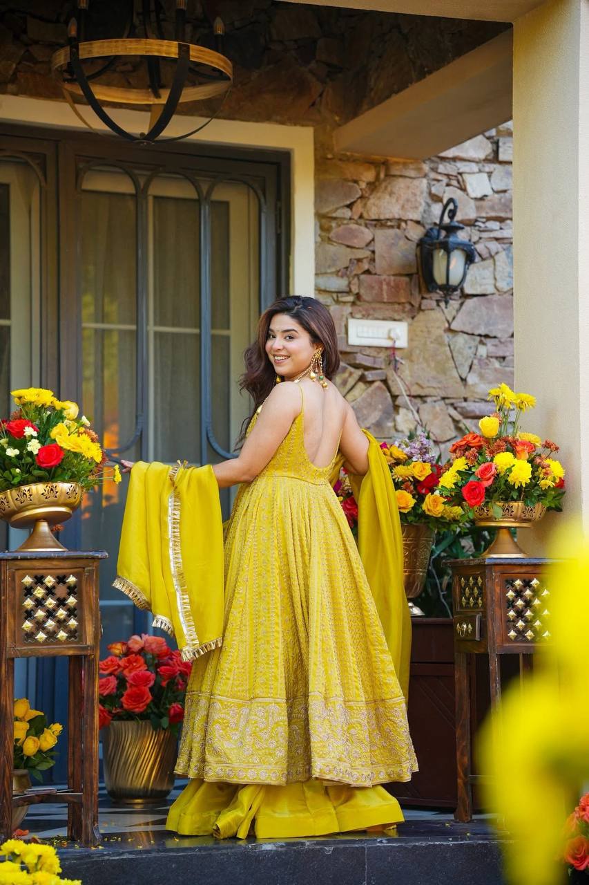 Wedding Wear Yellow Anarkali Suit with Sharara & Dupatta For Women