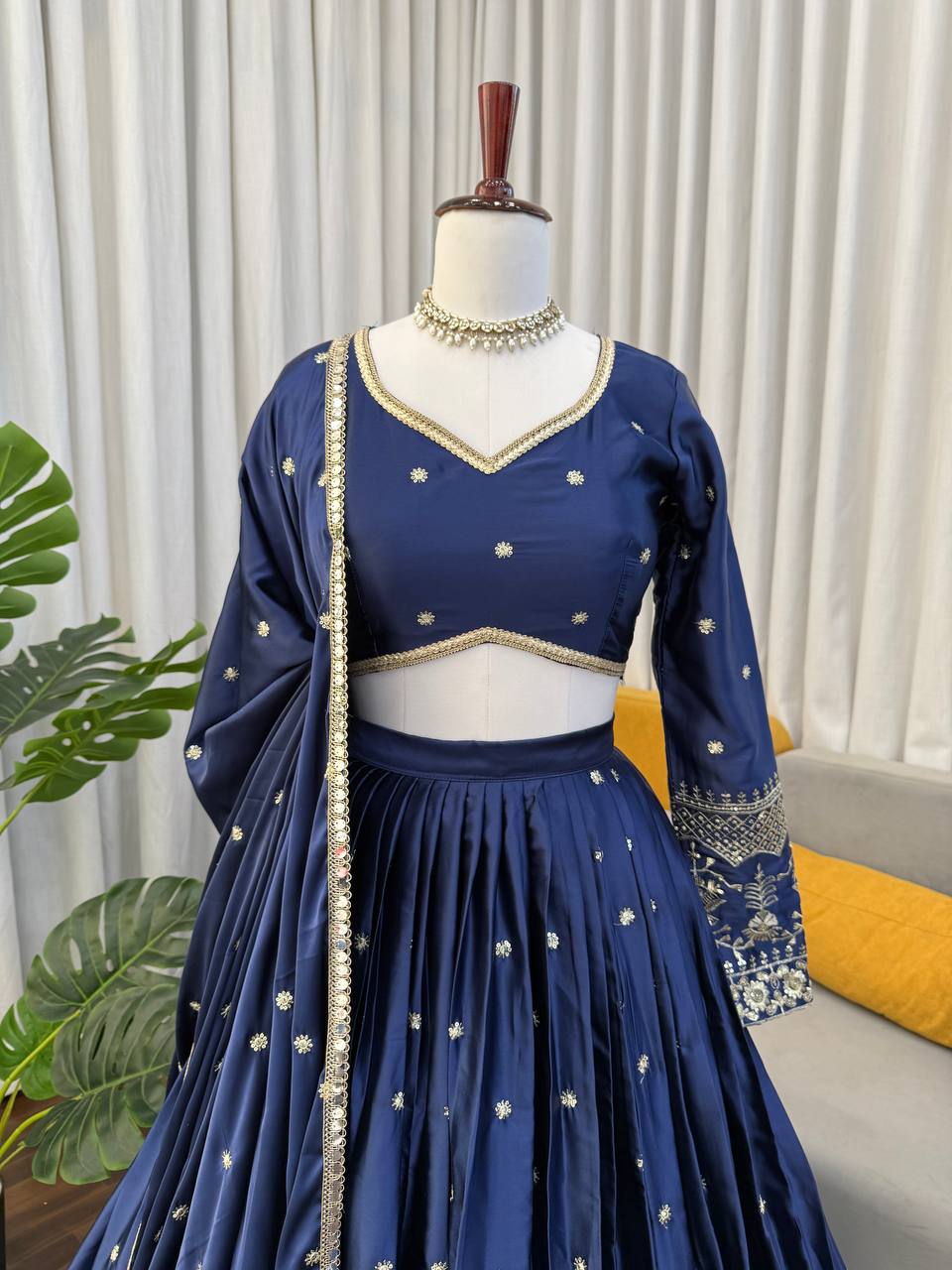 Royal Navy Blue Satin Lehenga with Sequin Work & Designer Dupatta set