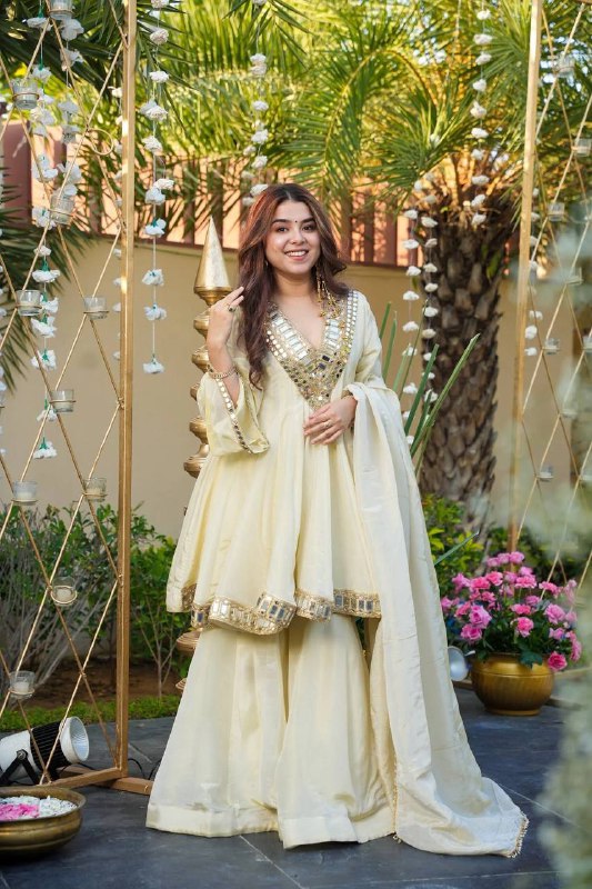 Festive Wear Cream Cosmos Fabric Mirror Work Anarkali Palazzo Set