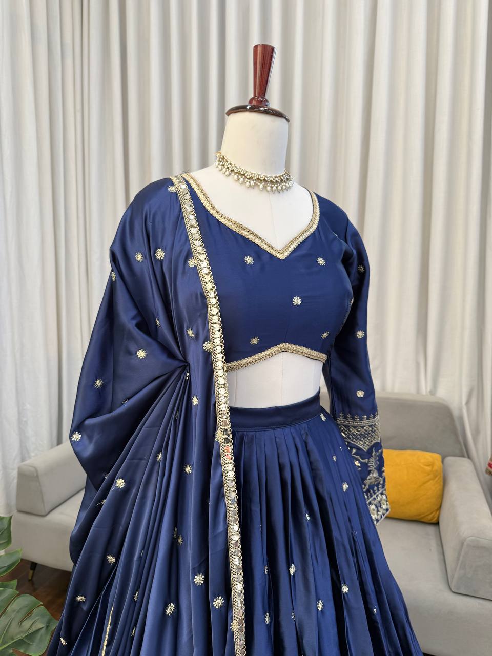 Royal Navy Blue Satin Lehenga with Sequin Work & Designer Dupatta set