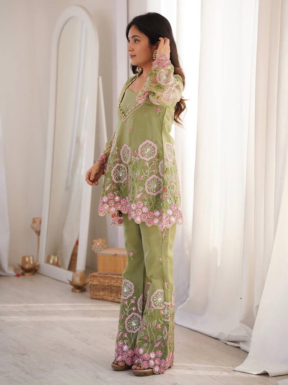 Olive Green Palazzo Suit Set for Women | Designer Embroidered Party Wear Wedding & Sangeet Outfit