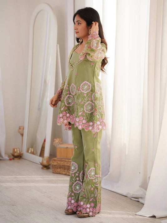 Olive Green Palazzo Suit Set for Women | Designer Embroidered Party Wear Wedding & Sangeet Outfit