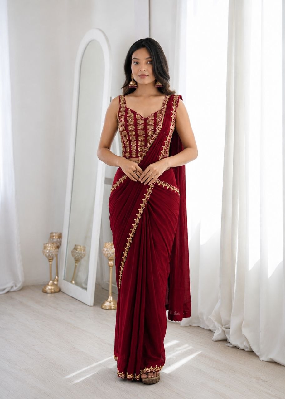Party Wear Ready to Wear Crape Silk Saree with Embroidered Blouse for Women