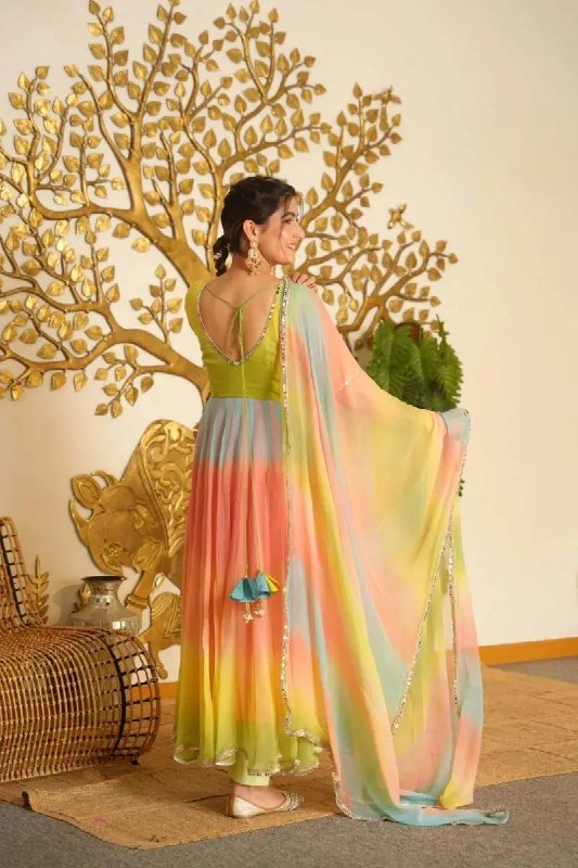 Multicolor Faux Georgette Anarkali Suit with Palazzo & Dupatta | festive wear suit set