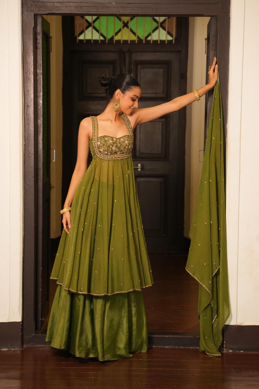 Wedding Wear Mint Mehendi Green Anarkali Set
