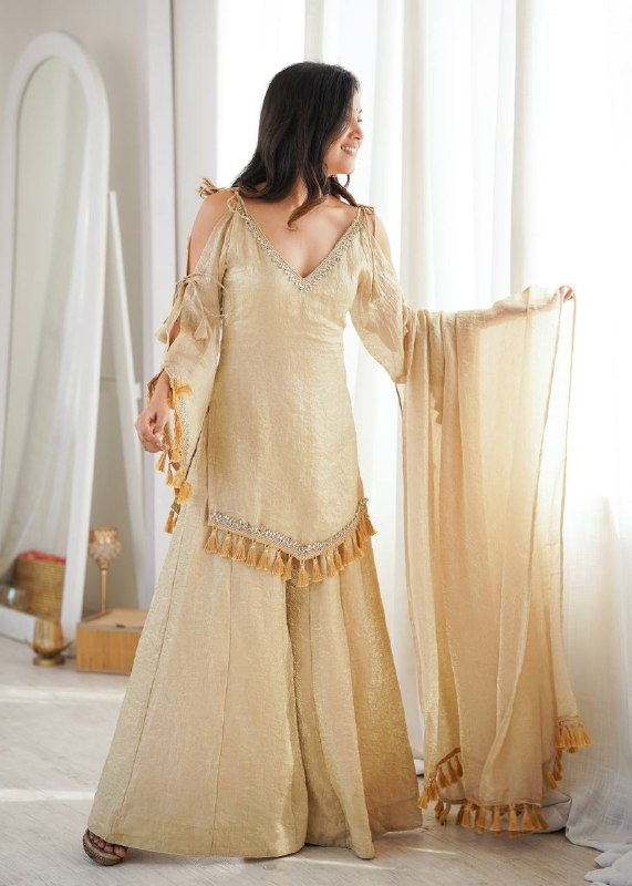 Champagne Beige Mirror Work Kurta Palazzo Suit for Women