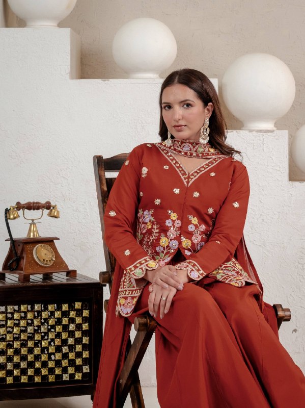 Rust Orange Silk Kurta Palazzo Suit Set for Women | Premium Wedding & Festive Wear