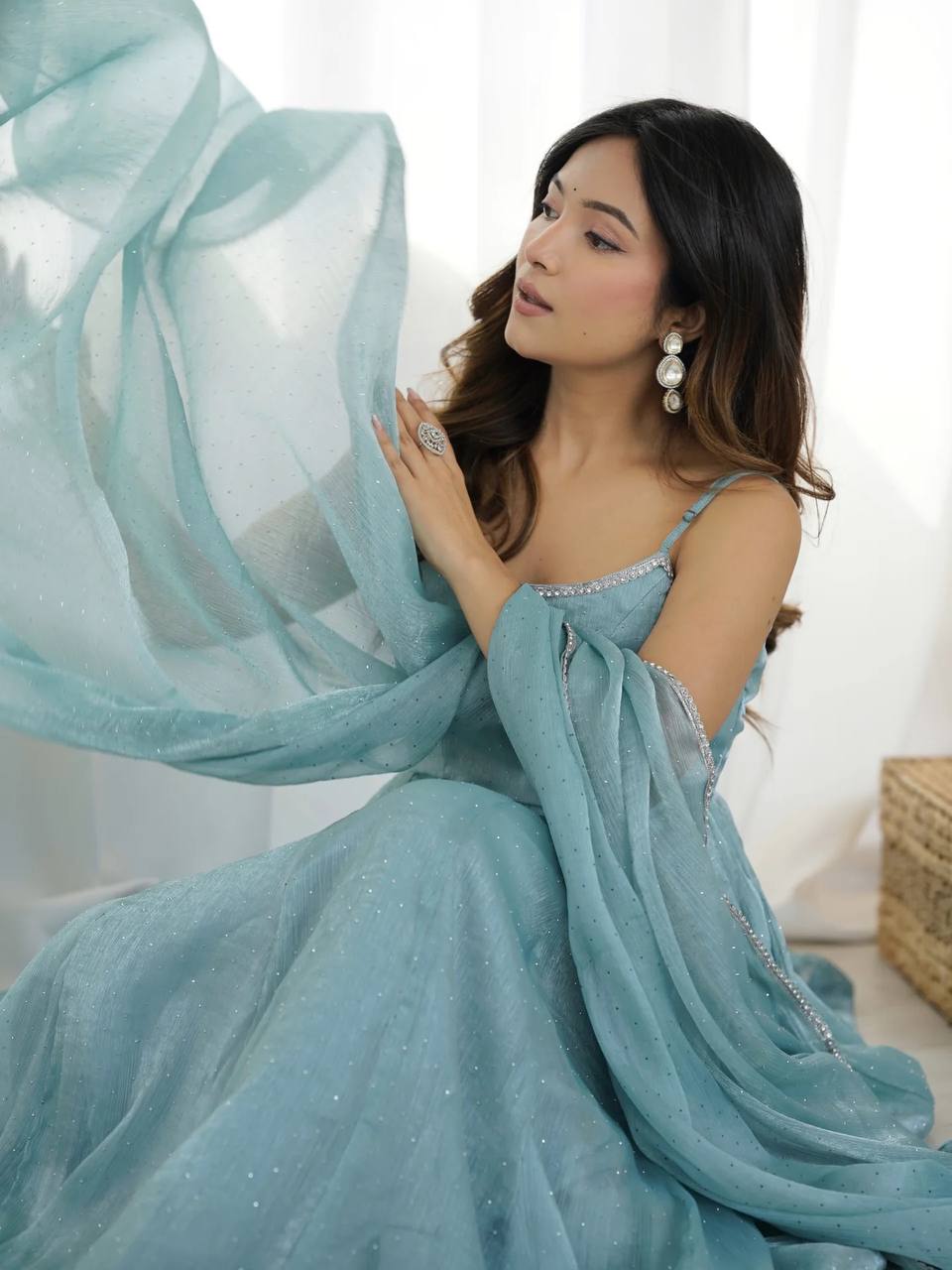 Party Wear Sky Blue Anarkali Suit Set for Women