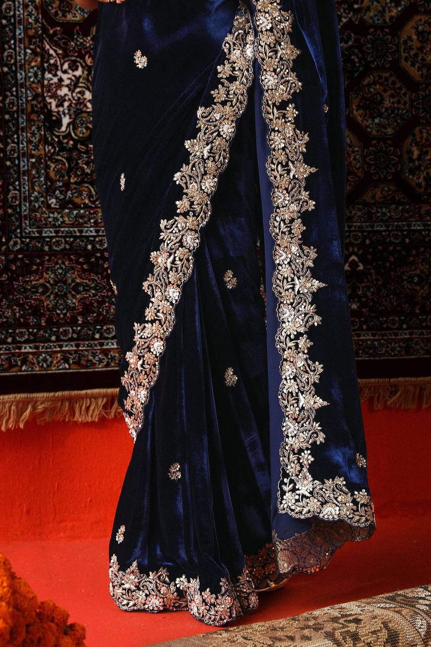 Designer Navy Blue Velvet Party Wear Saree with Heavy Silver Embroidery Border work