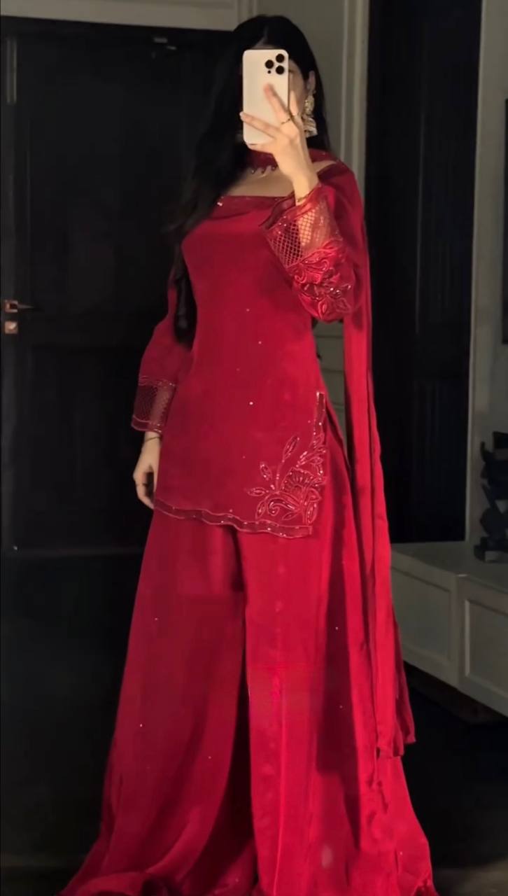 Wine Red Natural Silk Beads Work Party Wear Palazzo Suit with Dupatta
