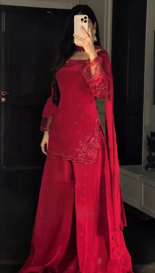 Wine Red Natural Silk Beads Work Party Wear Palazzo Suit with Dupatta