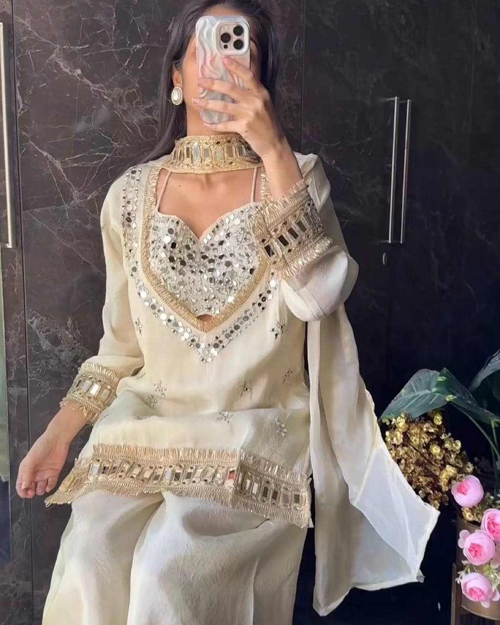 Designer Ivory Mirror Work Palazzo Suits