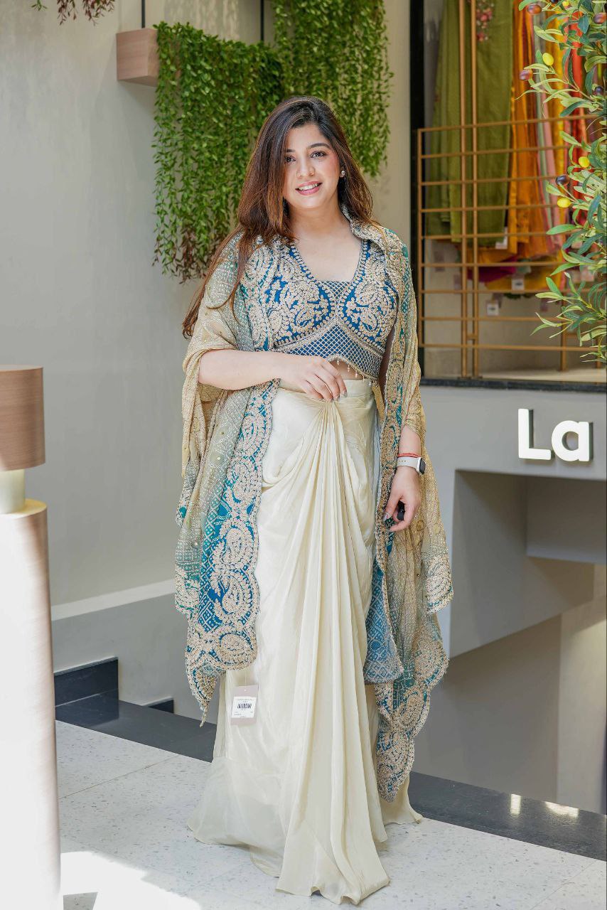 Party Wear Indo-Western Draped Saree Set with Embroidered Shrug - Western Saree Outfit for Women