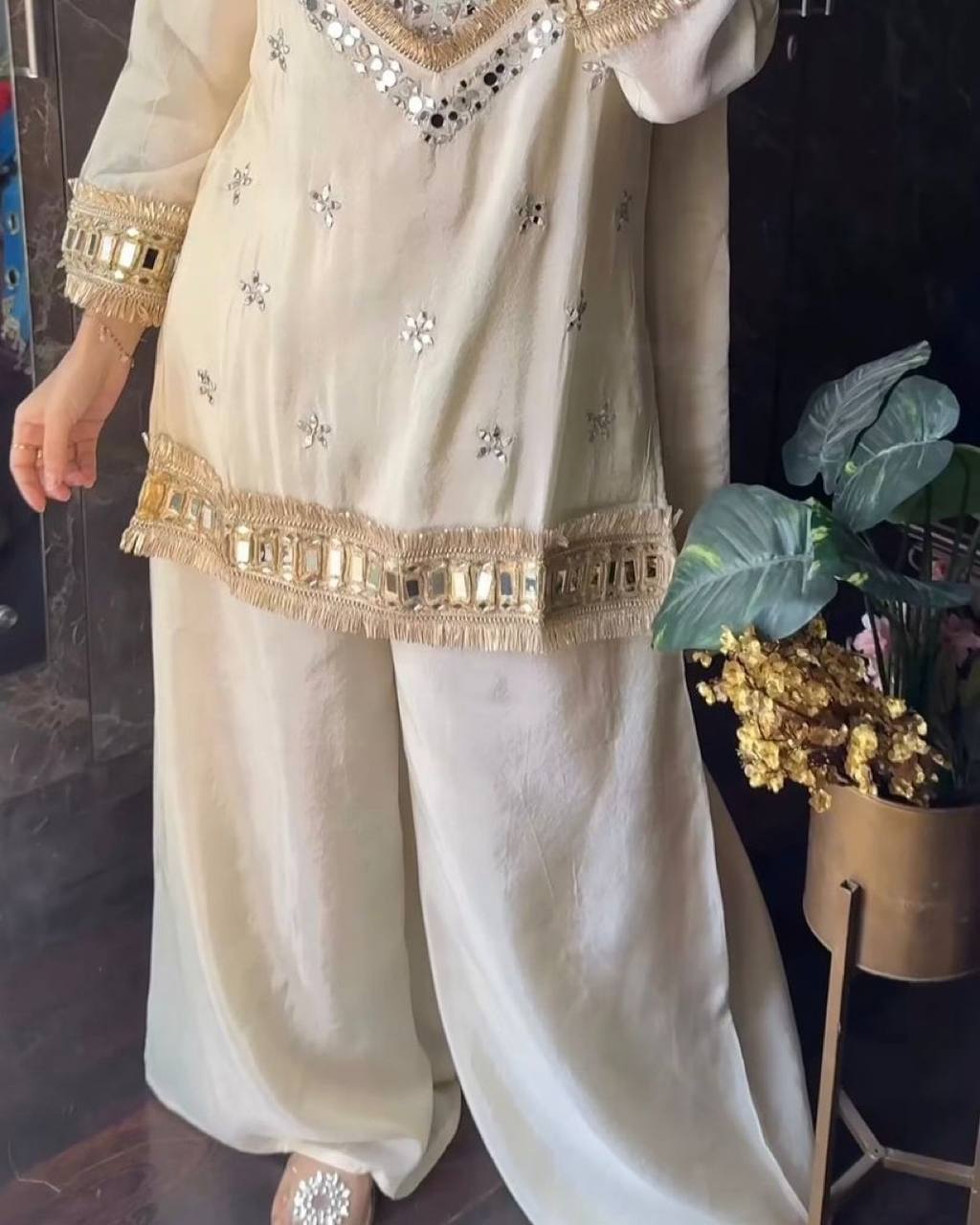Designer Ivory Mirror Work Palazzo Suits