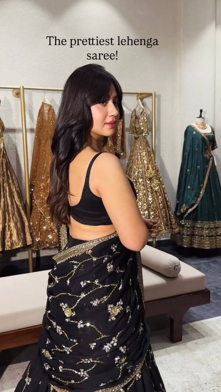 Festive Party Wear Ready-to-Wear Black Georgette Lehenga Saree Set for Women
