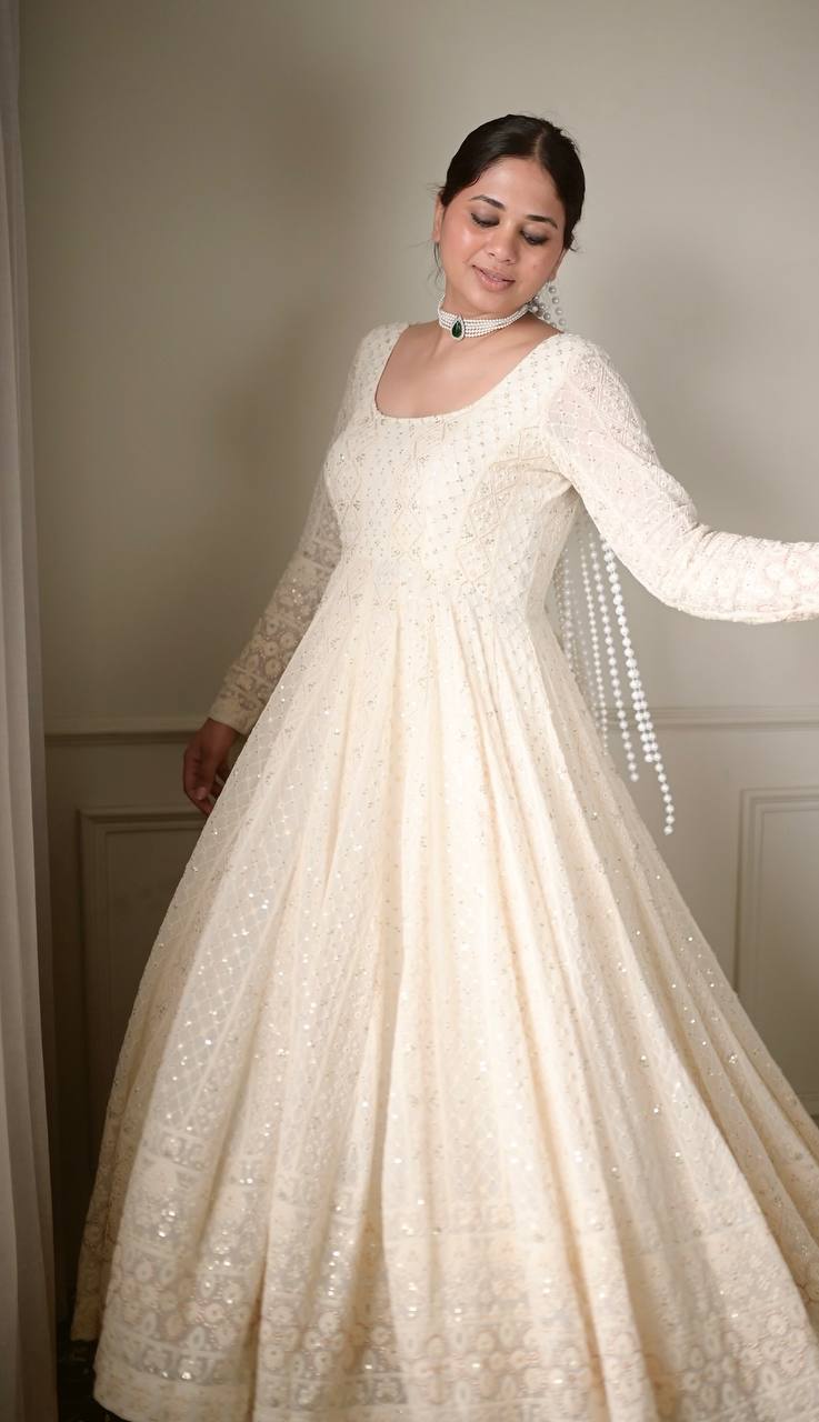 Off-White Fully Stitched Anarkali Suit Set | Fully Stitched Georgette Wedding Wear Gown  for Women