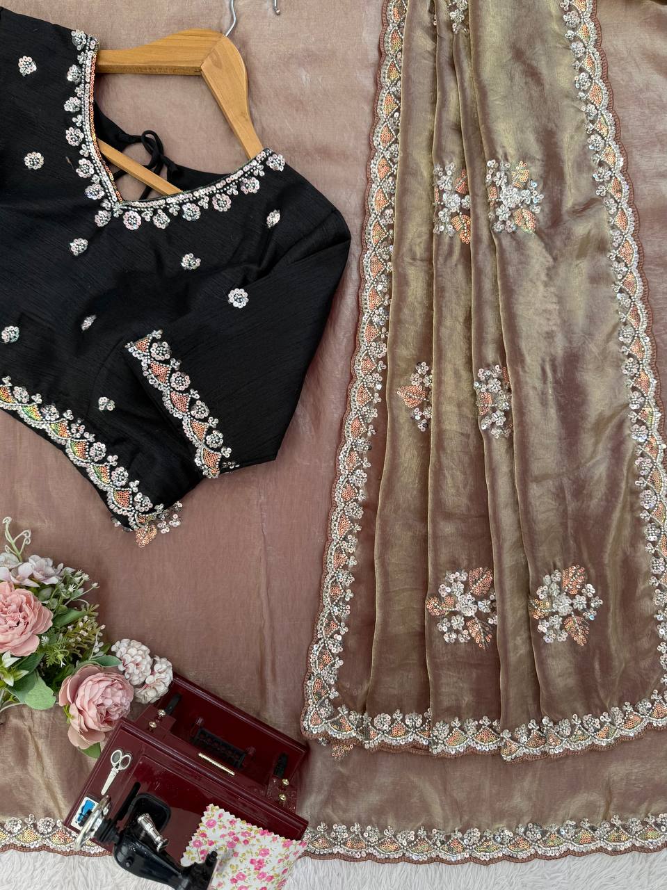 Designer Brown Fendy Silk Saree with Hand Sequin Work