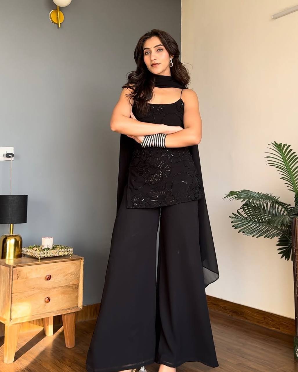 Festive Wear Classic 90's Inspired Black Cosmos Kurta Palazzo Set with Dupatta