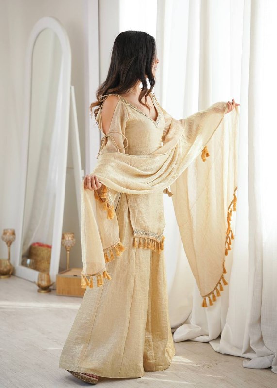 Champagne Beige Mirror Work Kurta Palazzo Suit for Women