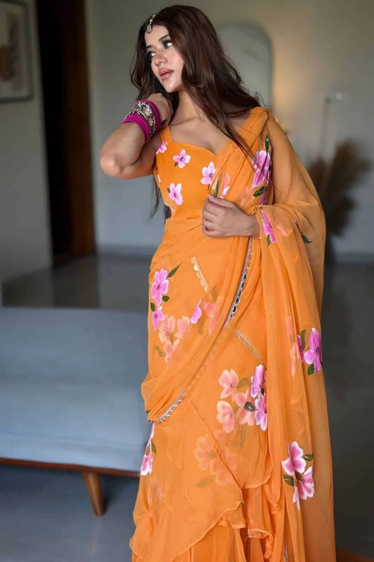 Orange Floral Ruffle Lehenga Saree for Women | Ready-to-Wear Georgette Party Wear Saree
