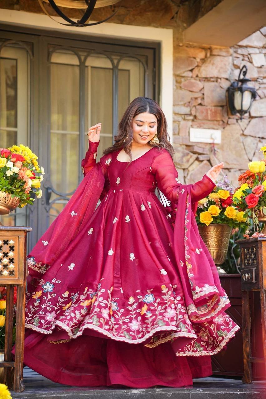 Floral Anarkali Palazzo Set with Thread & Sequin Embroidery | Wedding & Festive Wear