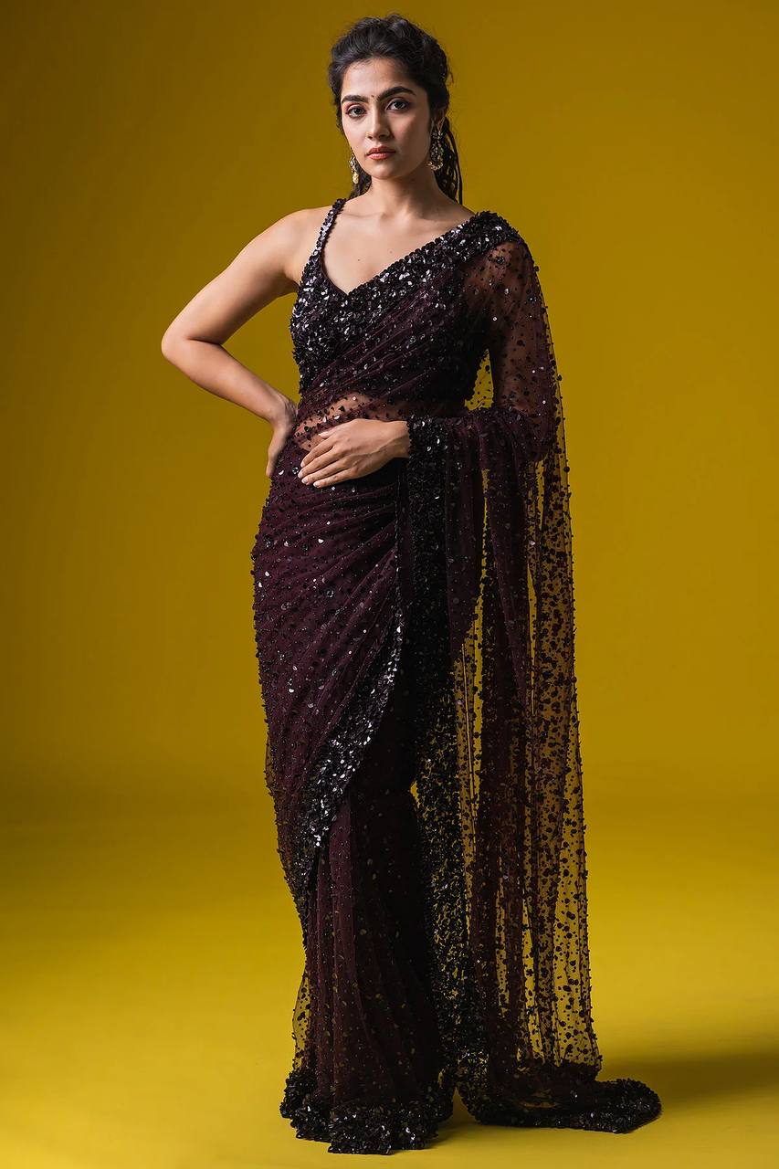 Dark Brown Glamorous Net Saree with Hologram Sequin Work – Shine & Slay ClothsVilla