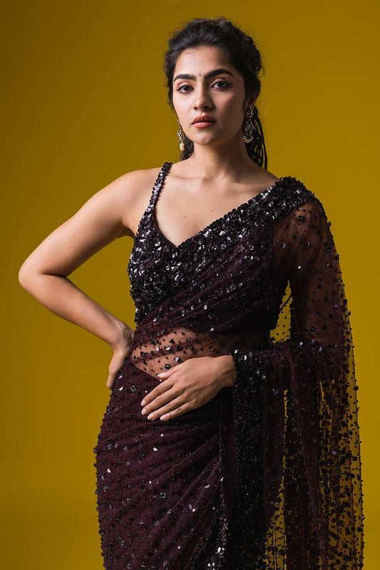 Dark Brown Glamorous Net Saree with Hologram Sequin Work – Shine & Slay ClothsVilla