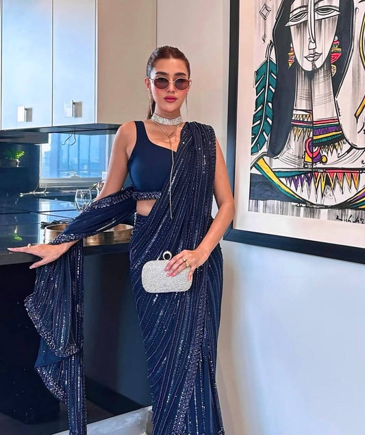 Party Wear Blue Sequins Georgette Saree