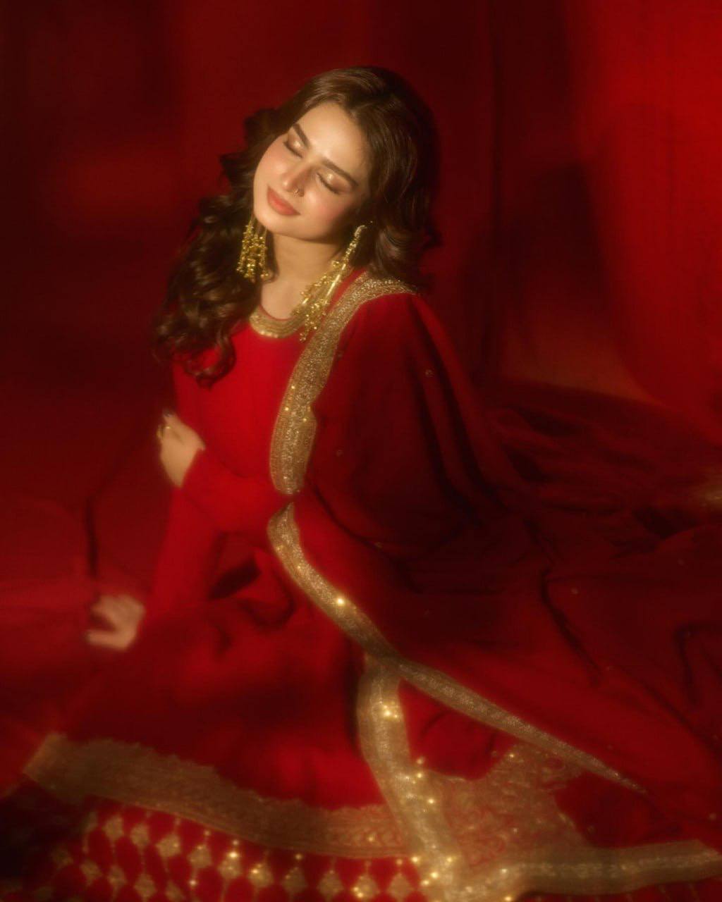 Red Vichitra Silk Anarkali Gown Set with Dupatta & Pant