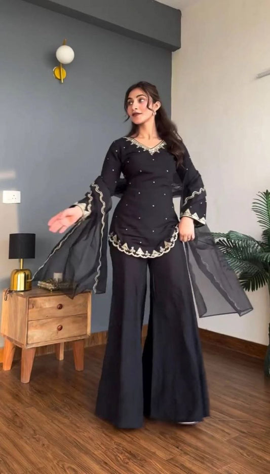 Black Designer Kurta Palazzo Set with Organza Dupatta for Women