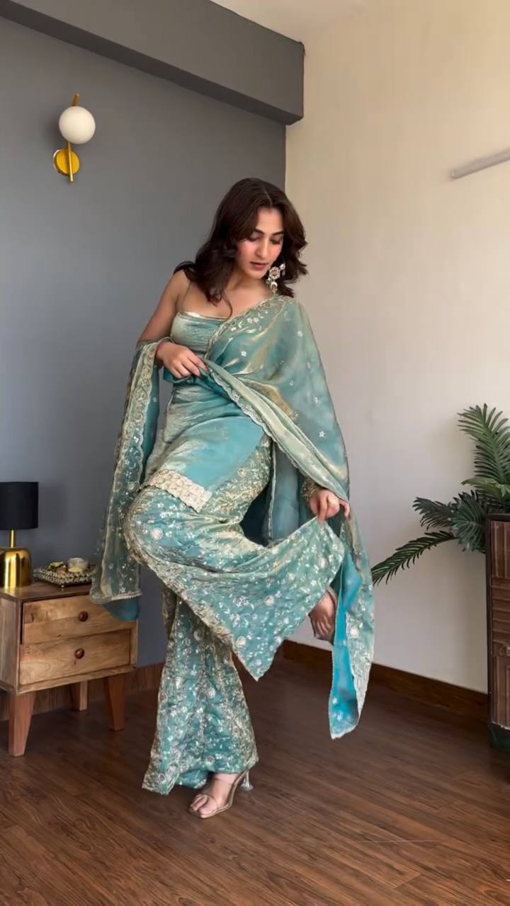 Aqua Blue Palazzo Suit Set with Dupatta for Women | Embroidered Wedding, Party Wear & Pakistani Style 3 Piece Suit