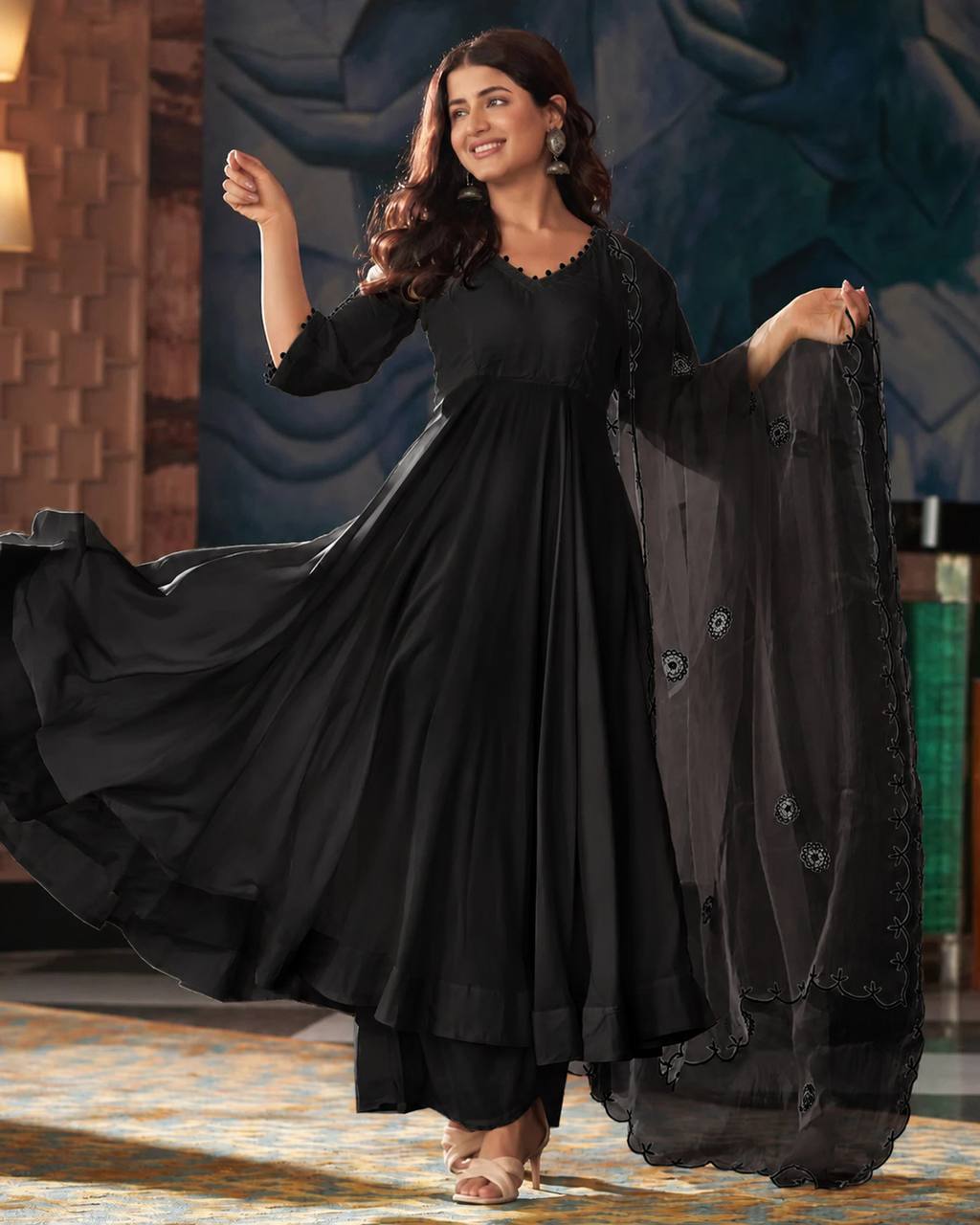 Midnight Black Georgette Anarkali Suit Set with Mirror Work Dupatta | Designer Party Wear Anarkali for Women