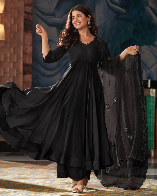 Midnight Black Georgette Anarkali Suit Set with Mirror Work Dupatta | Designer Party Wear Anarkali for Women