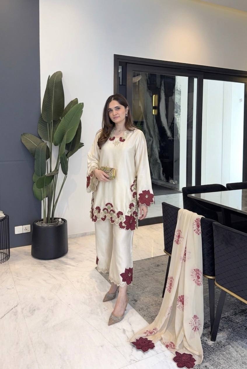 Rakhi Special Ivory Floral Embroidered Pakistani Suit Set with Dupatta | Luxury Festive Wear for Women