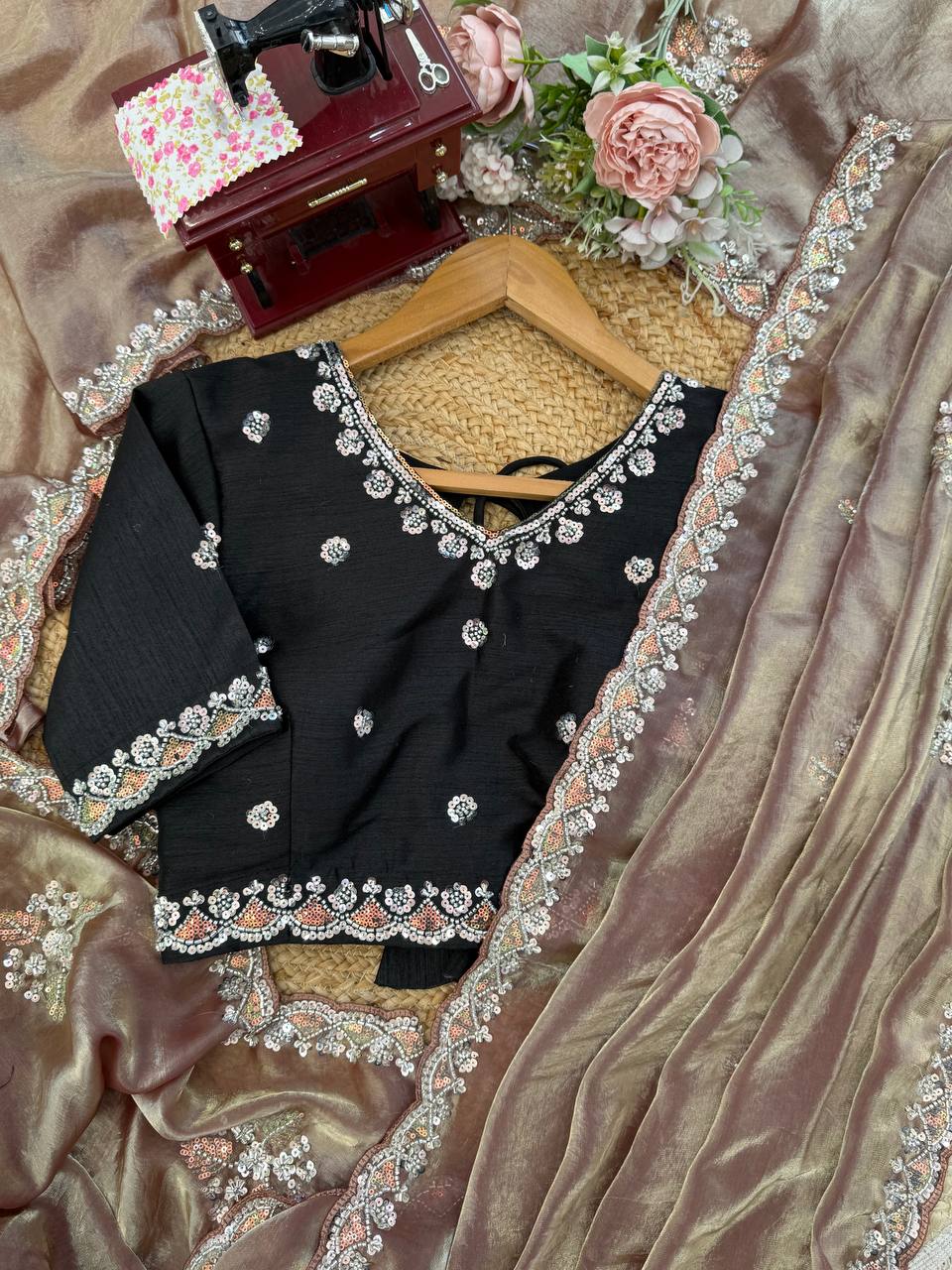 Designer Brown Fendy Silk Saree with Hand Sequin Work