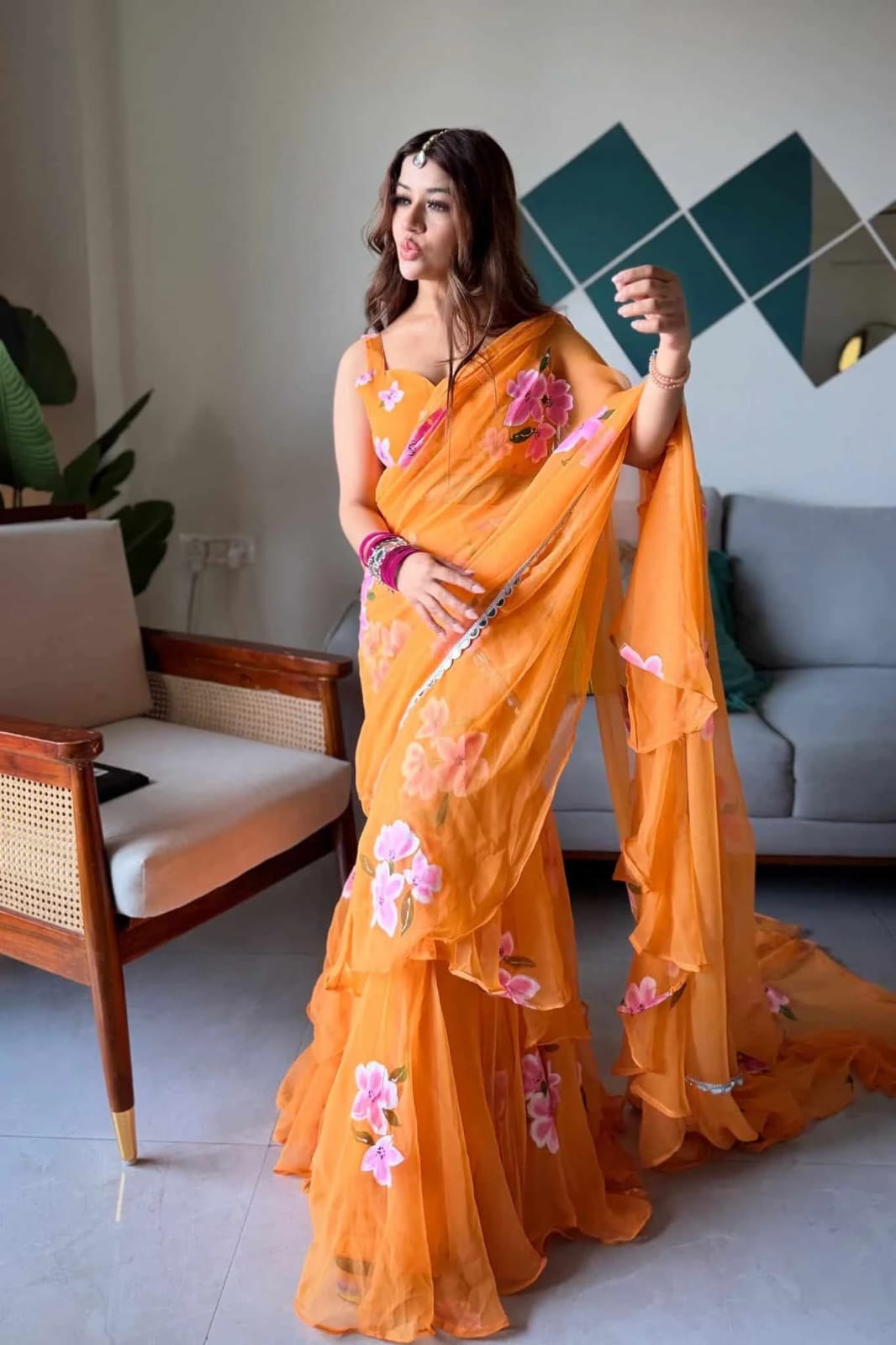 Orange Floral Ruffle Lehenga Saree for Women | Ready-to-Wear Georgette Party Wear Saree