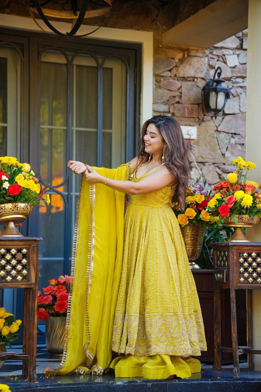 Wedding Wear Yellow Anarkali Suit with Sharara & Dupatta For Women