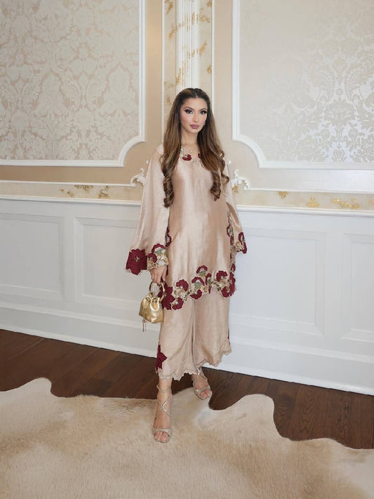 Beige Floral Embroidered Pakistani Suit Set with Dupatta for Women