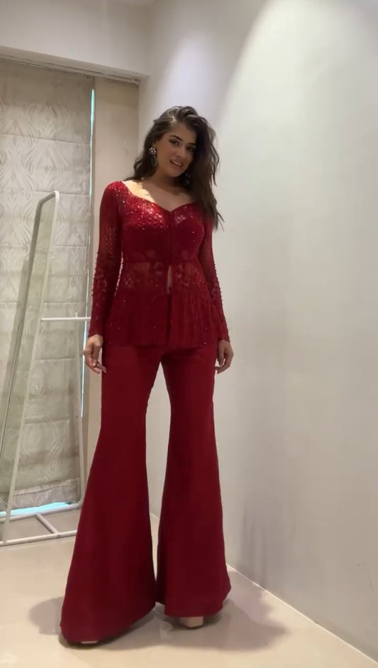 Party Wear Red Sequin Co-ord Palazzo Suit for Women
