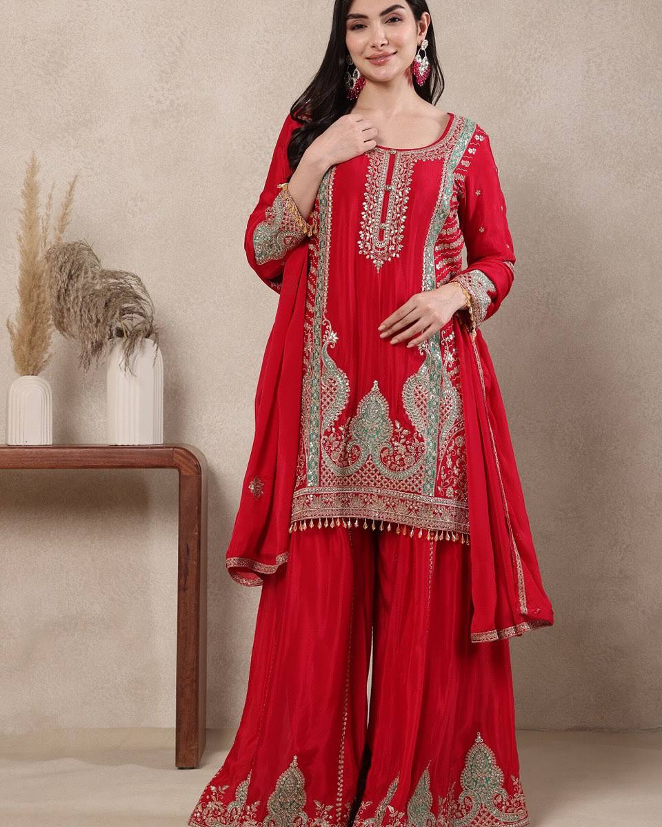 Wedding Wear Rani Red Chinnon Silk Sharara Palazzo Set with Dupatta