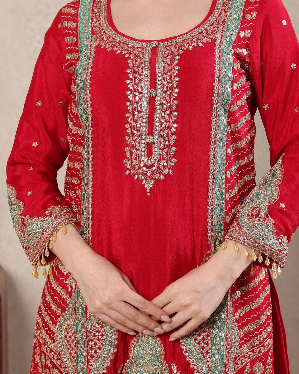 Wedding Wear Rani Red Chinnon Silk Sharara Palazzo Set with Dupatta