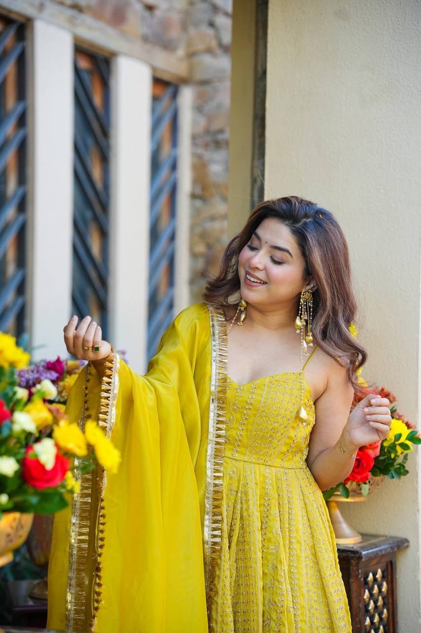 Wedding Wear Yellow Anarkali Suit with Sharara & Dupatta For Women