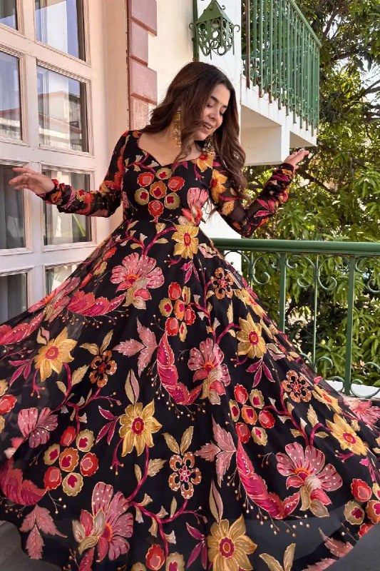 Festive Black Floral Anarkali Suit with Organza Dupatta For Women
