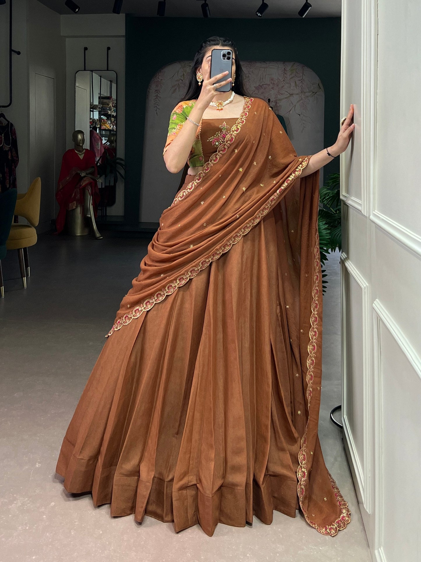 Chocolate Crush Designer Lehenga Choli Set with Gotta Patti Handwork Blouse & Embroidered Dupatta