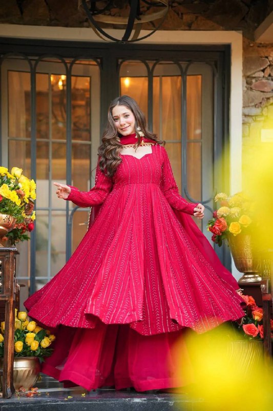 Red Sequins Anarkali Sharara Suit Set for Women | Fully Stitched Partywear Wedding Anarkali with Dupatta