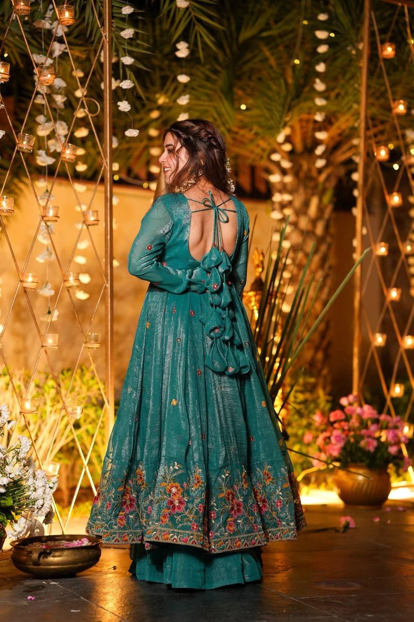 Luxury Embroidered Crunchy Silk Anarkali Gown Sharara Set with Dupatta