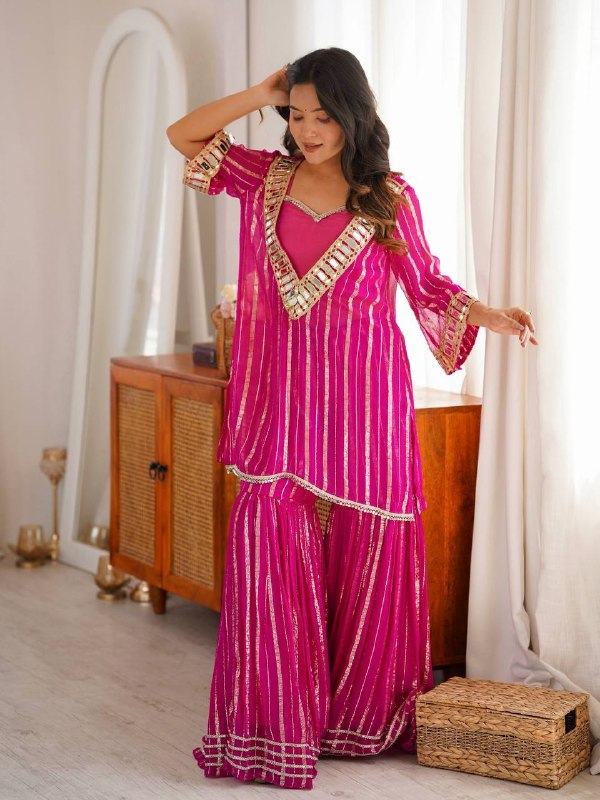 Festive Wear Rani Pink Mirror Work Sharara Suit Set for Women | Trending Designer Outfit
