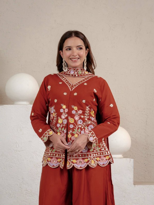 Rust Orange Silk Kurta Palazzo Suit Set for Women | Premium Wedding & Festive Wear
