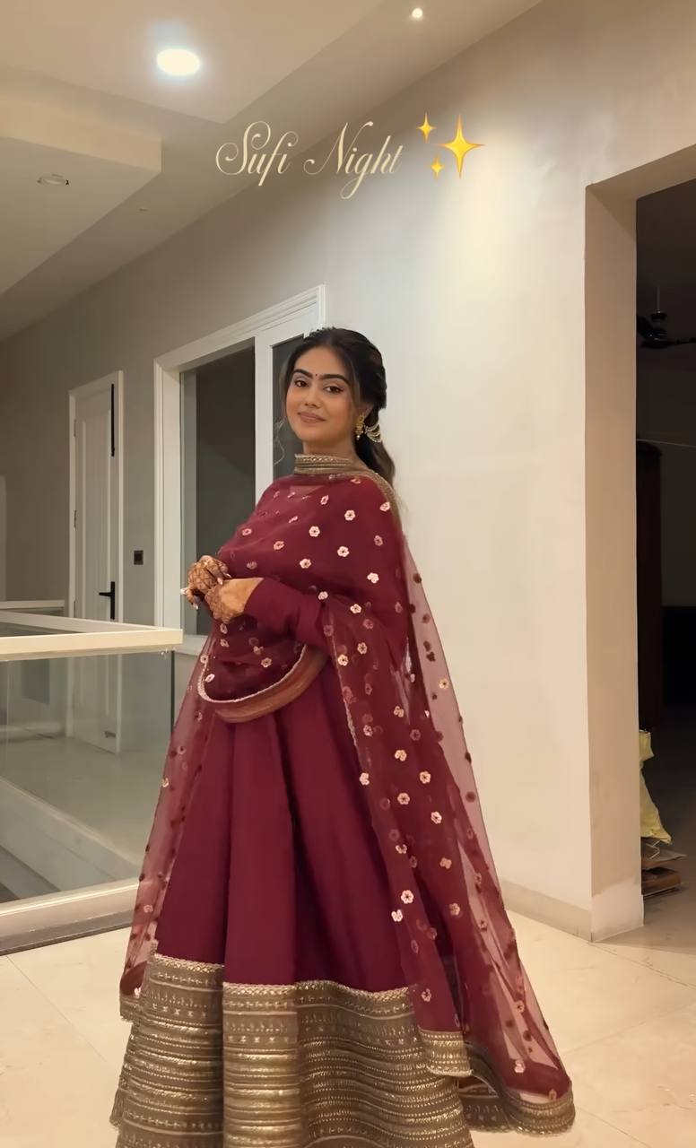 Maroon Kali-Cut Rayon Anarkali Suit Set with Heavy Coding Embroidery & Sequins Work